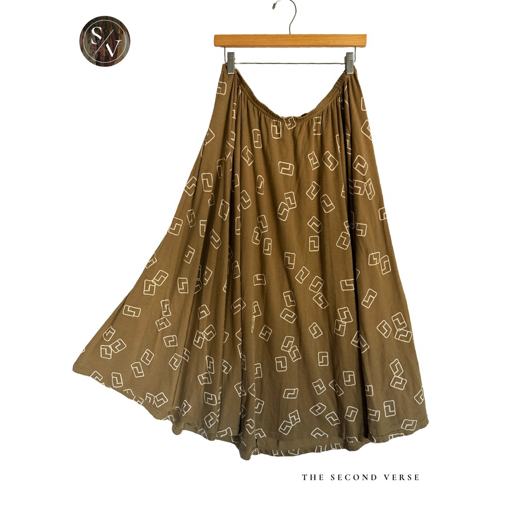 Pull On Elastic Waist Olive Green Geometric Printed Midi Skirt Lagenlook Size XL